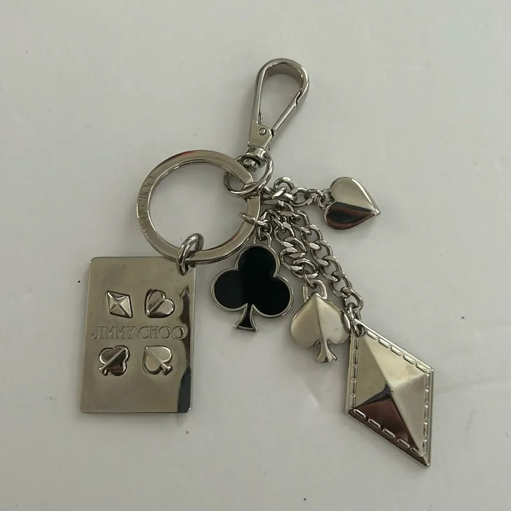 NWOT Jimmy Choo Key Chain Bag Charm Silver Queen Of Hearts Poker Themed